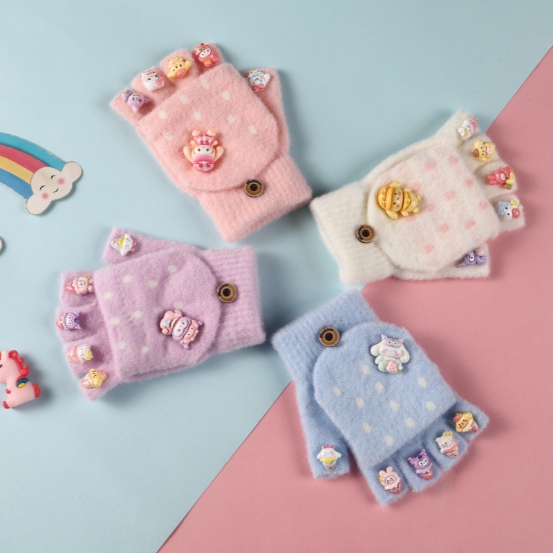 Dječje rukavice s pola prsta – pletene, crtani motiv, Crystal Velvet, unisex, uzrast 5–15, toplo zima/jesen/proljeće