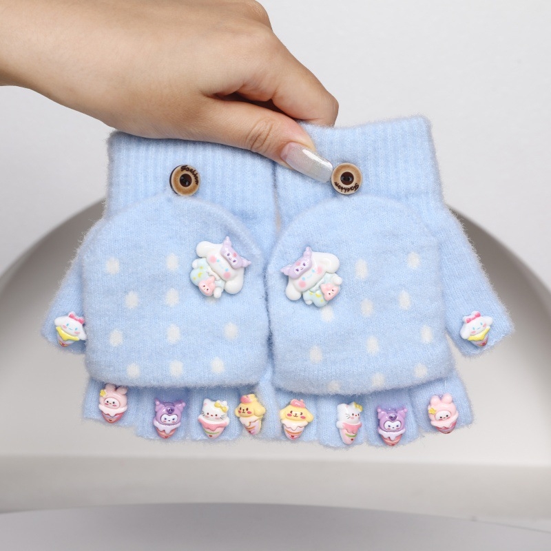 Dječje rukavice s pola prsta – pletene, crtani motiv, Crystal Velvet, unisex, uzrast 5–15, toplo zima/jesen/proljeće