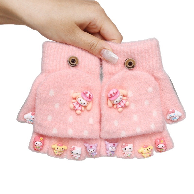 Dječje rukavice s pola prsta – pletene, crtani motiv, Crystal Velvet, unisex, uzrast 5–15, toplo zima/jesen/proljeće