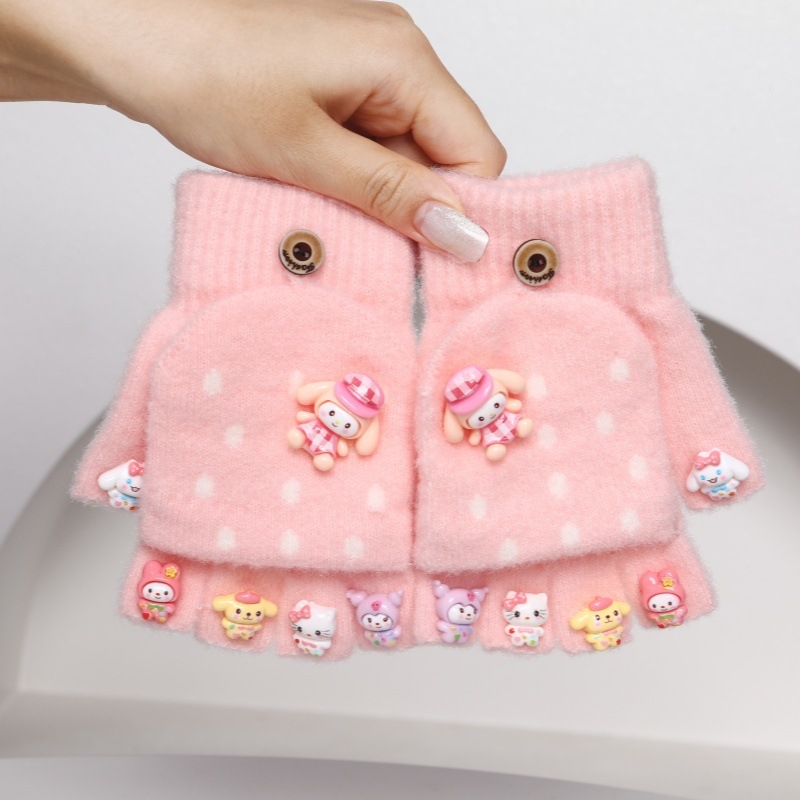 Dječje rukavice s pola prsta – pletene, crtani motiv, Crystal Velvet, unisex, uzrast 5–15, toplo zima/jesen/proljeće