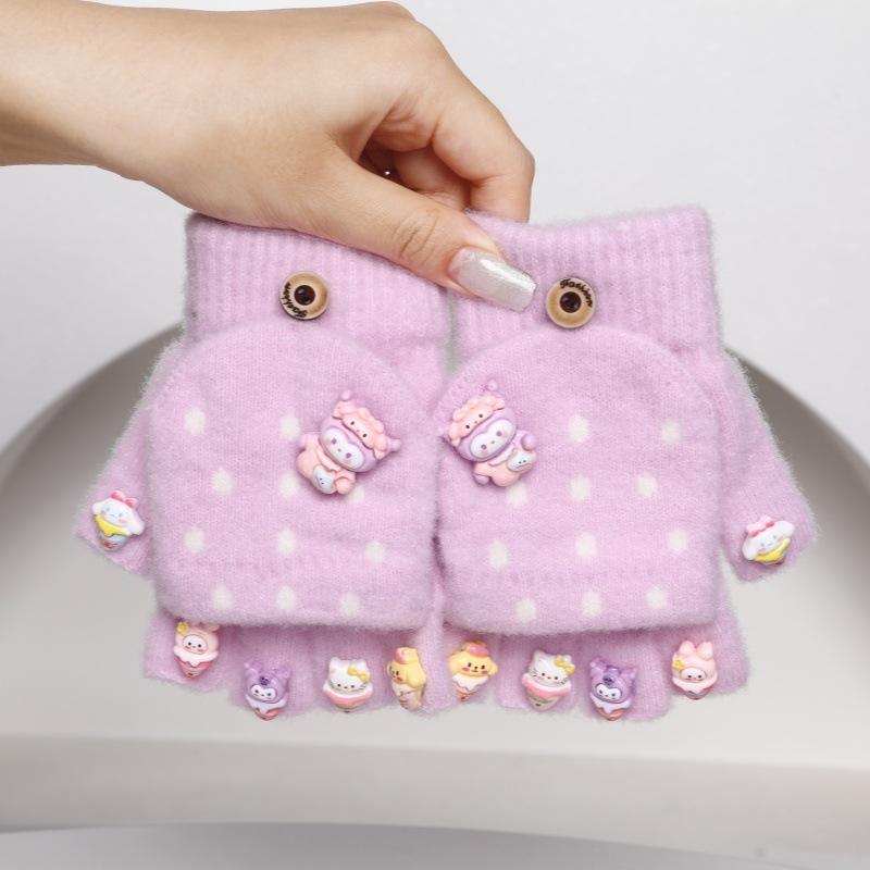 Dječje rukavice s pola prsta – pletene, crtani motiv, Crystal Velvet, unisex, uzrast 5–15, toplo zima/jesen/proljeće