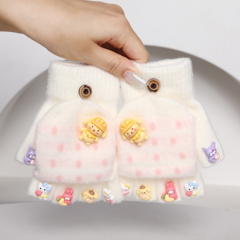 Dječje rukavice s pola prsta – pletene, crtani motiv, Crystal Velvet, unisex, uzrast 5–15, toplo zima/jesen/proljeće
