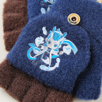 Téli gyerek kesztyűk – félujjas, rajzfilmszerű mintával, kristályfonalból kötve, 6–10 éveseknek, uniszex