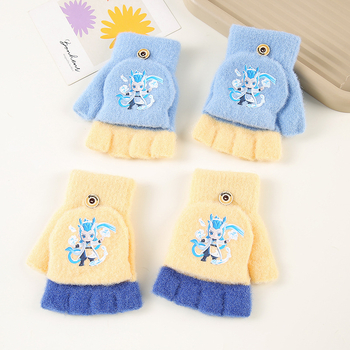 Téli gyerek kesztyűk – félujjas, rajzfilmszerű mintával, kristályfonalból kötve, 6–10 éveseknek, uniszex