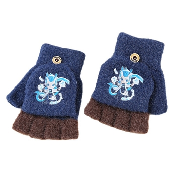 Téli gyerek kesztyűk – félujjas, rajzfilmszerű mintával, kristályfonalból kötve, 6–10 éveseknek, uniszex