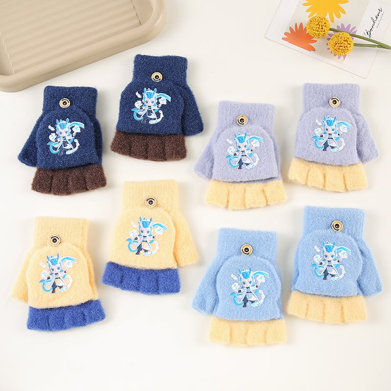 Téli gyerek kesztyűk – félujjas, rajzfilmszerű mintával, kristályfonalból kötve, 6–10 éveseknek, uniszex