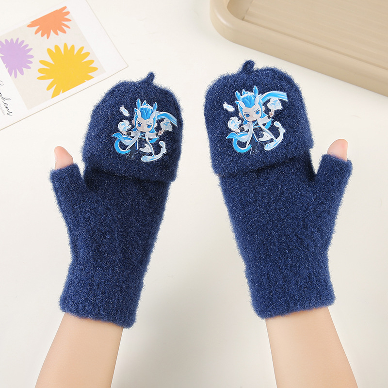 Téli gyerek kesztyűk – félujjas, rajzfilmszerű mintával, kristályfonalból kötve, 6–10 éveseknek, uniszex