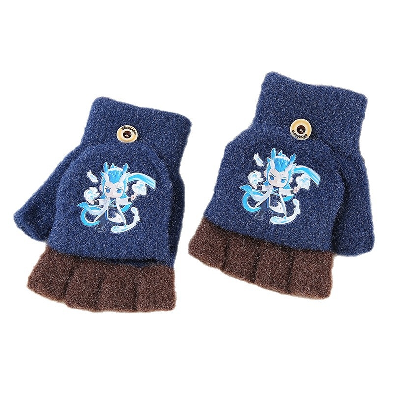 Téli gyerek kesztyűk – félujjas, rajzfilmszerű mintával, kristályfonalból kötve, 6–10 éveseknek, uniszex