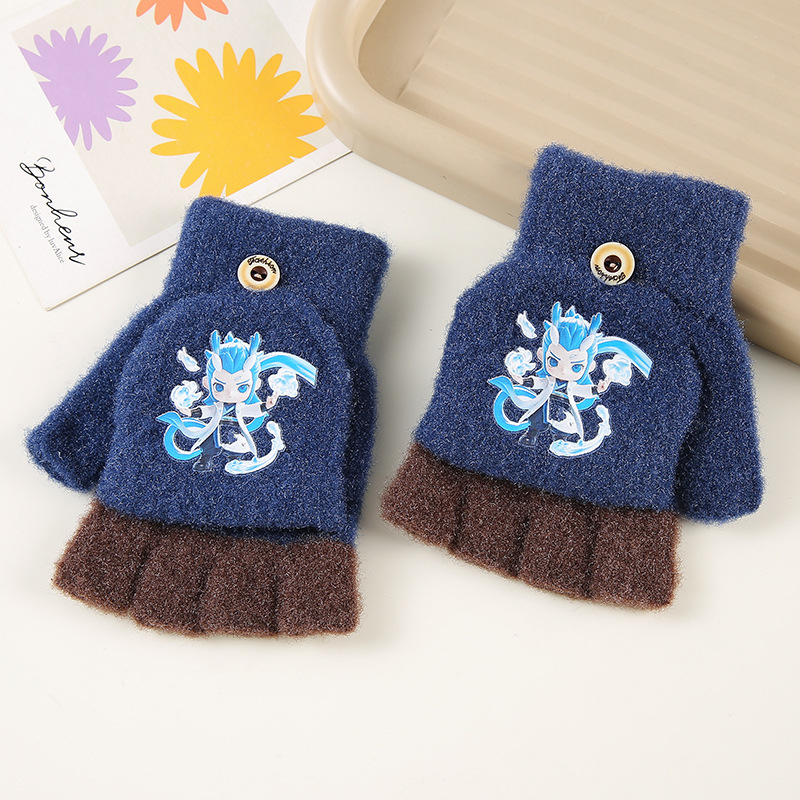 Téli gyerek kesztyűk – félujjas, rajzfilmszerű mintával, kristályfonalból kötve, 6–10 éveseknek, uniszex