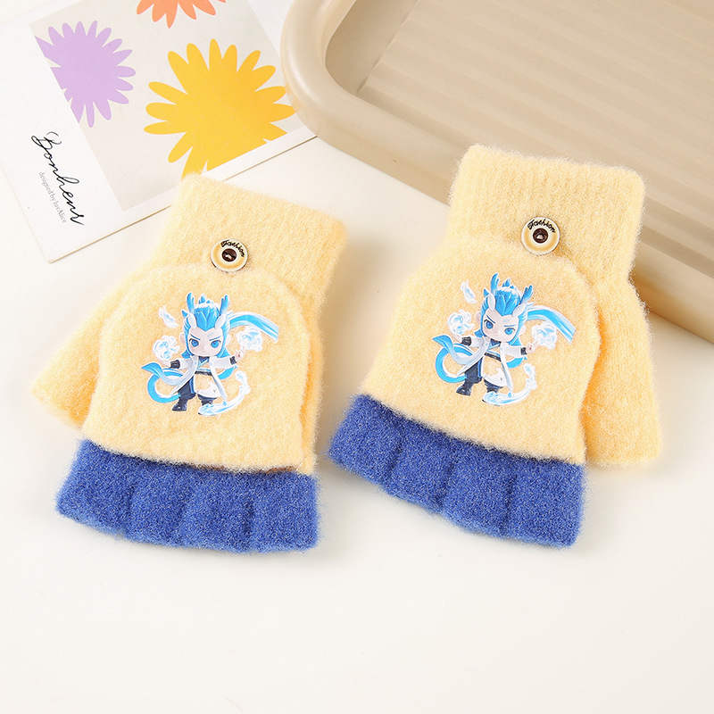 Téli gyerek kesztyűk – félujjas, rajzfilmszerű mintával, kristályfonalból kötve, 6–10 éveseknek, uniszex