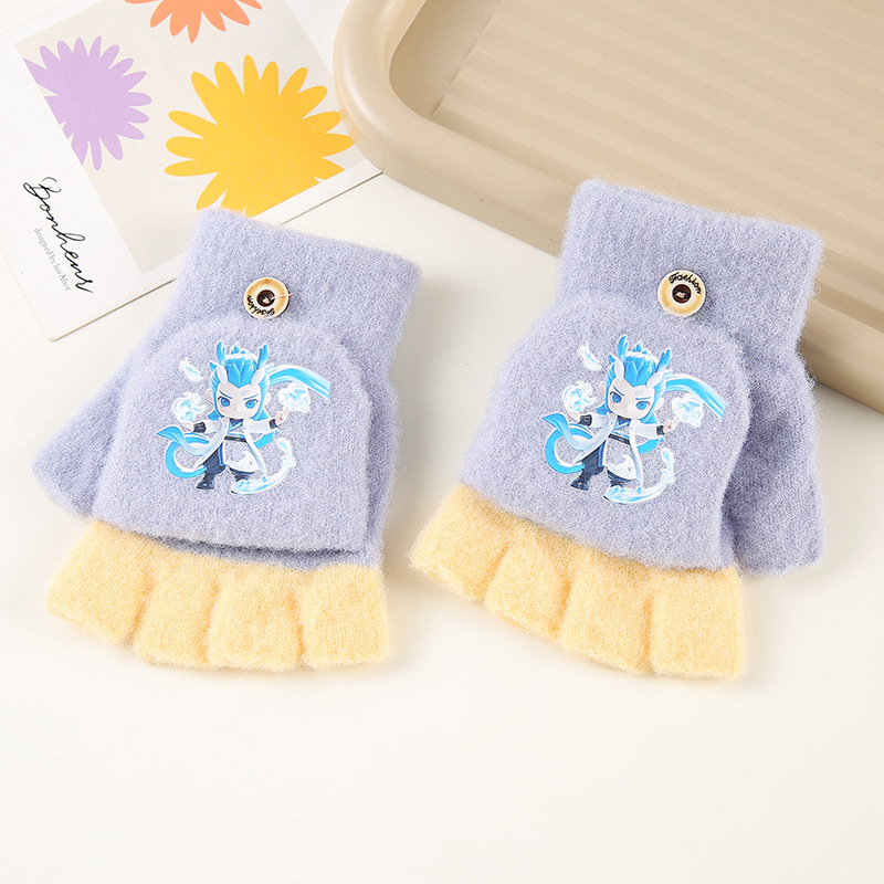 Téli gyerek kesztyűk – félujjas, rajzfilmszerű mintával, kristályfonalból kötve, 6–10 éveseknek, uniszex