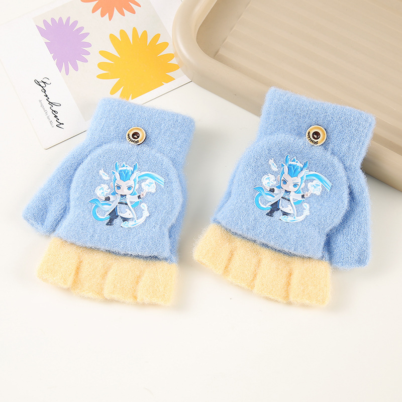 Téli gyerek kesztyűk – félujjas, rajzfilmszerű mintával, kristályfonalból kötve, 6–10 éveseknek, uniszex