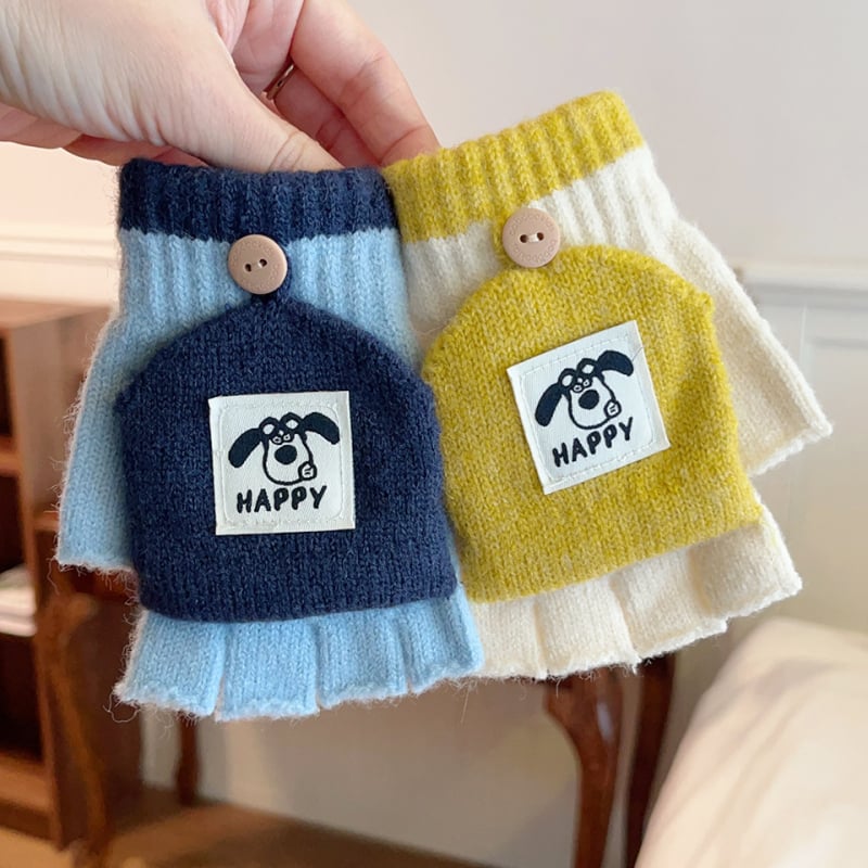 Gyerekeknek szóló félujjas meleg kesztyű hajtogatható résszel télre, uniszex, jacquard kötés, kartun minta, külső kerékpározáshoz és íráshoz