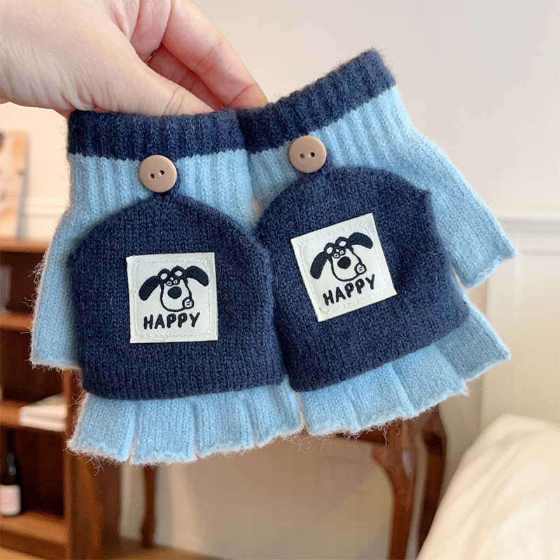 Gyerekeknek szóló félujjas meleg kesztyű hajtogatható résszel télre, uniszex, jacquard kötés, kartun minta, külső kerékpározáshoz és íráshoz