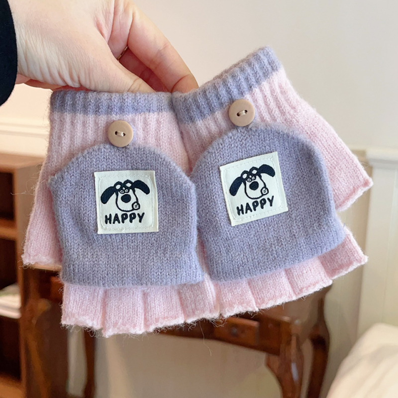 Gyerekeknek szóló félujjas meleg kesztyű hajtogatható résszel télre, uniszex, jacquard kötés, kartun minta, külső kerékpározáshoz és íráshoz