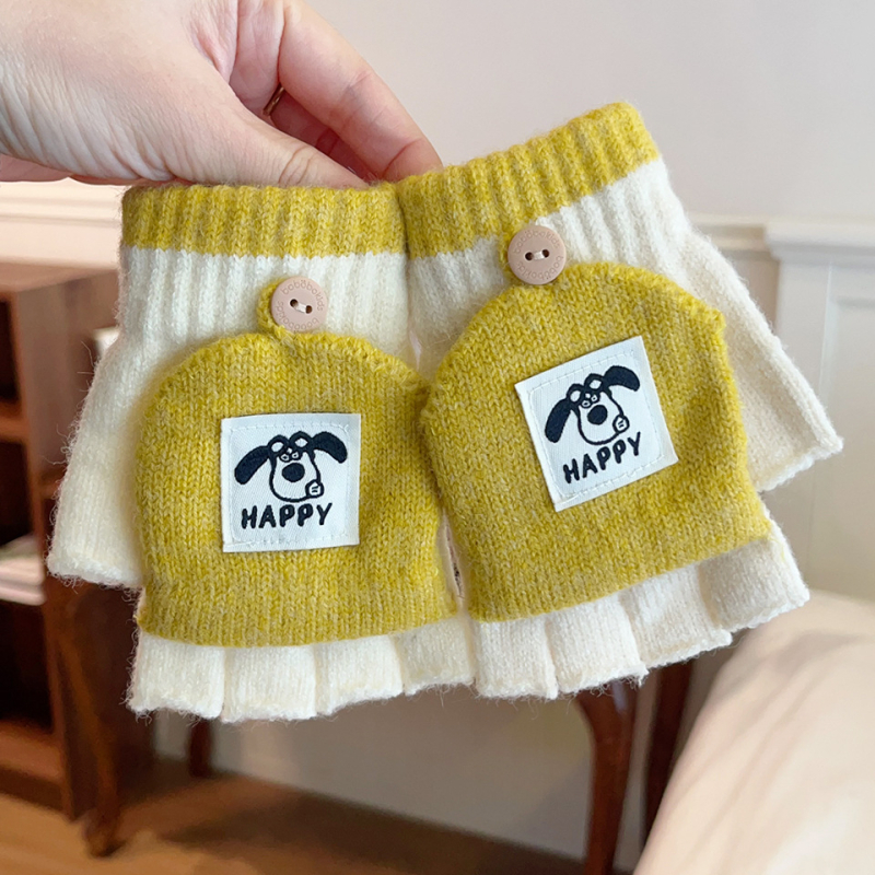 Gyerekeknek szóló félujjas meleg kesztyű hajtogatható résszel télre, uniszex, jacquard kötés, kartun minta, külső kerékpározáshoz és íráshoz