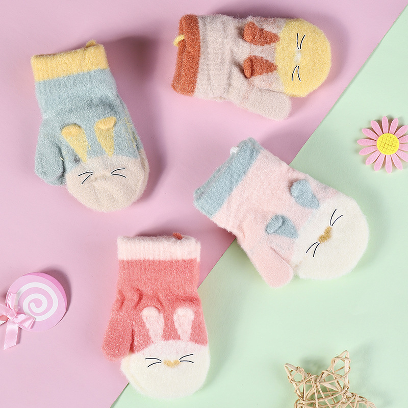 Dječje zimske mitene s crtanim zeka uzorkom, sintetička mink dlaka, jacquard pletenina, unisex, dob 0–3 godine