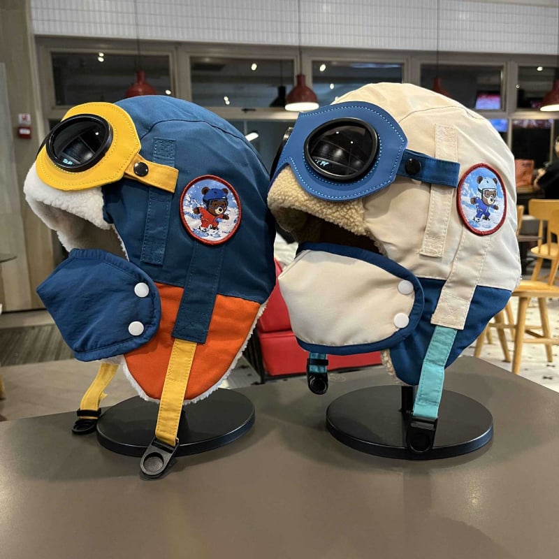 Căciulă Lei Feng pentru copii, design urs, cu protecție împotriva vântului pentru urechi, căptușită cu fleece, formă domă