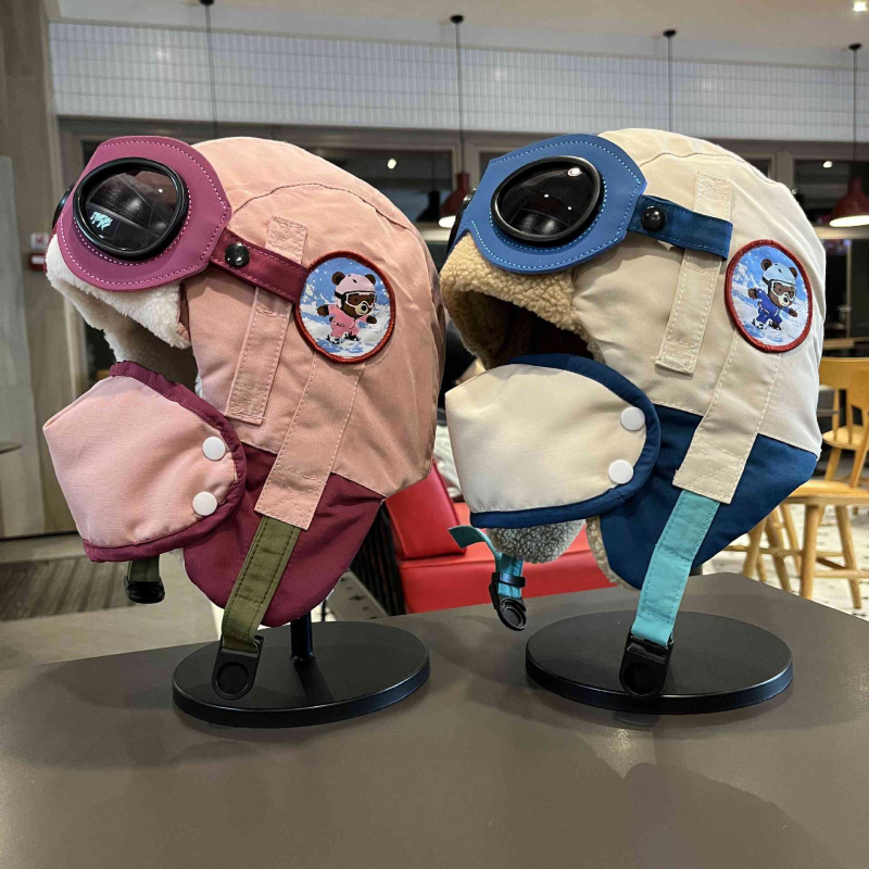 Căciulă Lei Feng pentru copii, design urs, cu protecție împotriva vântului pentru urechi, căptușită cu fleece, formă domă