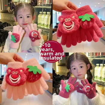 Vaikų žiemos pirštinės su atskirtais pirštais, animacinių pliušinių piešinių motyvas, išlaiko šilumą, amžius 3–12