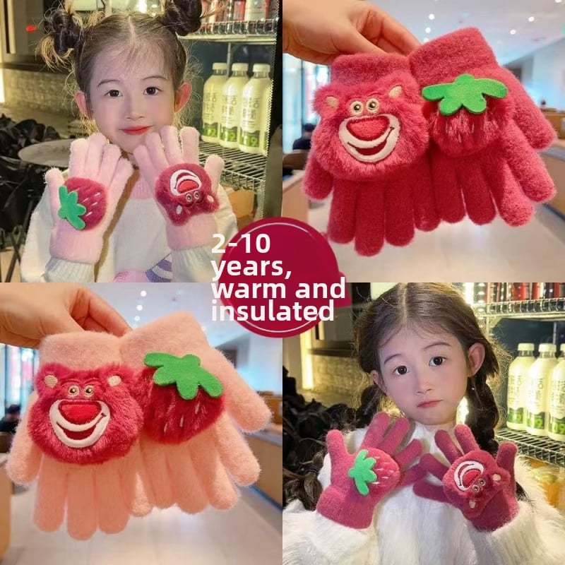 Vaikų žiemos pirštinės su atskirtais pirštais, animacinių pliušinių piešinių motyvas, išlaiko šilumą, amžius 3–12