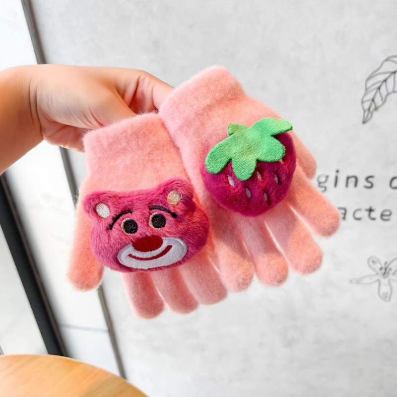 Vaikų žiemos pirštinės su atskirtais pirštais, animacinių pliušinių piešinių motyvas, išlaiko šilumą, amžius 3–12