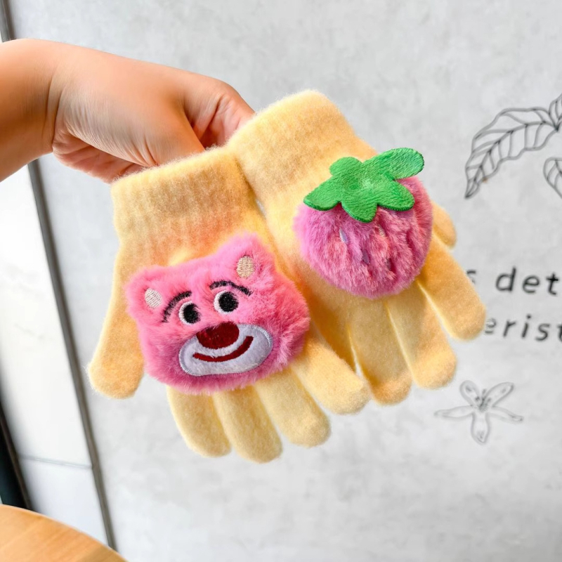 Vaikų žiemos pirštinės su atskirtais pirštais, animacinių pliušinių piešinių motyvas, išlaiko šilumą, amžius 3–12
