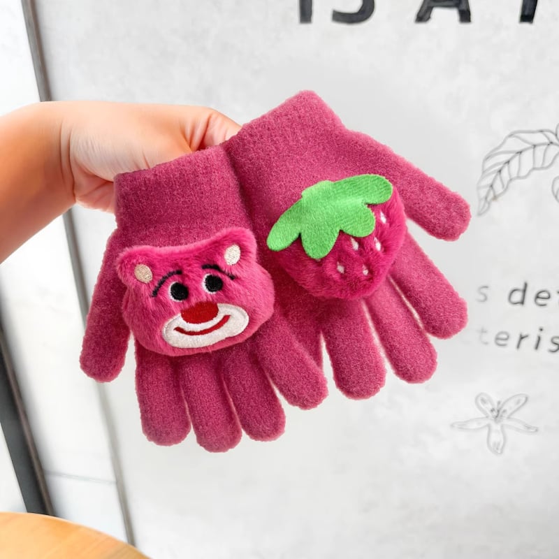 Vaikų žiemos pirštinės su atskirtais pirštais, animacinių pliušinių piešinių motyvas, išlaiko šilumą, amžius 3–12