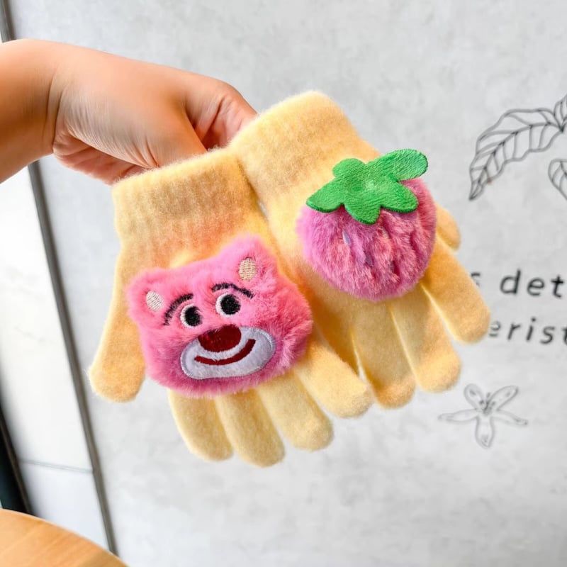 Vaikų žiemos pirštinės su atskirtais pirštais, animacinių pliušinių piešinių motyvas, išlaiko šilumą, amžius 3–12