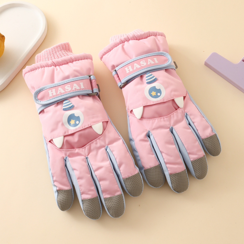Vaikų žiemos slidinėjimo pirštinės, unisex, 7–12 metų, audinys, atskiri pirštai, animacinio stiliaus, išlaiko šilumą