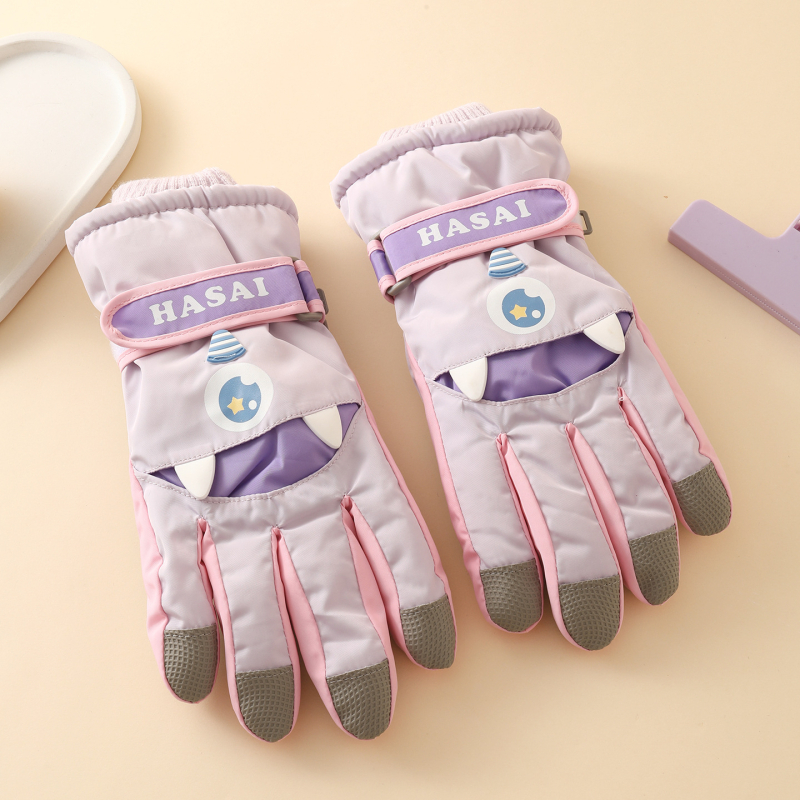 Vaikų žiemos slidinėjimo pirštinės, unisex, 7–12 metų, audinys, atskiri pirštai, animacinio stiliaus, išlaiko šilumą