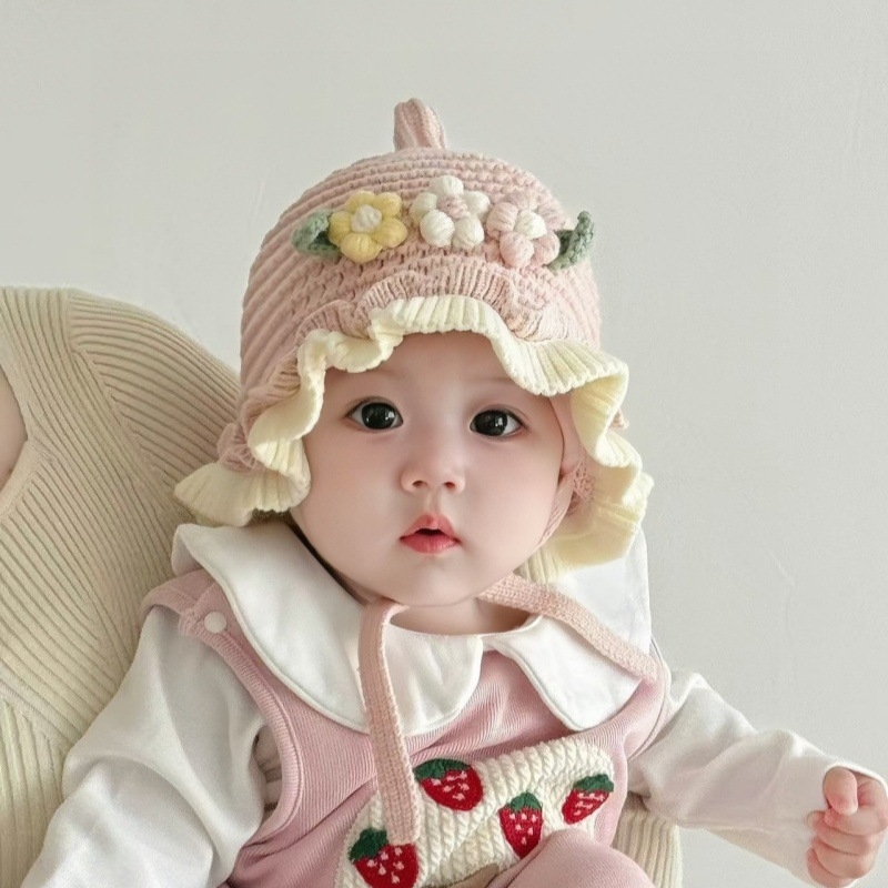 Beba kapa za jesen-zimu, korejski stil, s tri cvijeta, dizajn princeze, podstavljena i topla, ribarska kapa.