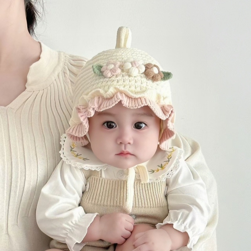 Beba kapa za jesen-zimu, korejski stil, s tri cvijeta, dizajn princeze, podstavljena i topla, ribarska kapa.