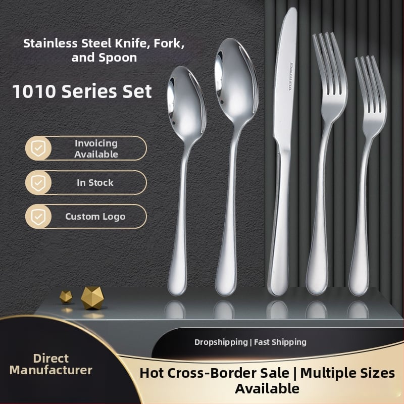 410 nerūdijančio plieno stalo įrankių rinkinys: peilis, šakutė ir šaukštas, veidrodinis poliravimas, šiuolaikiškas minimalistinis stilius, pritaikymas galimas