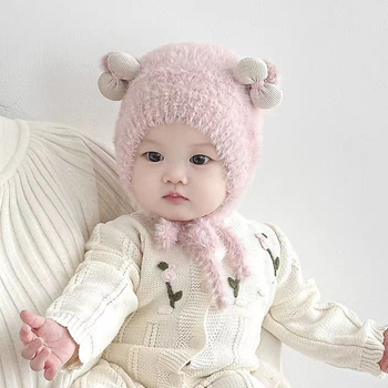 Zimska pletena kapa za bebe s plišnom obrubom i slatkom mašnicom princeze, zaštita ušiju, topla i otporna na vjetar.