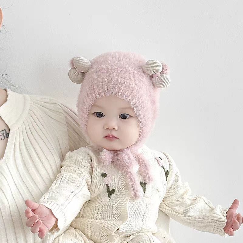 Zimska pletena kapa za bebe s plišnom obrubom i slatkom mašnicom princeze, zaštita ušiju, topla i otporna na vjetar.