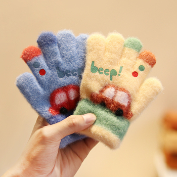 Vaikų penkių pirštų pirštinės iš nailono rudens-žiemos sezonui, šiltos, vėjo atsparios, karikatūrinis raštas, amžius 3–5 metai.