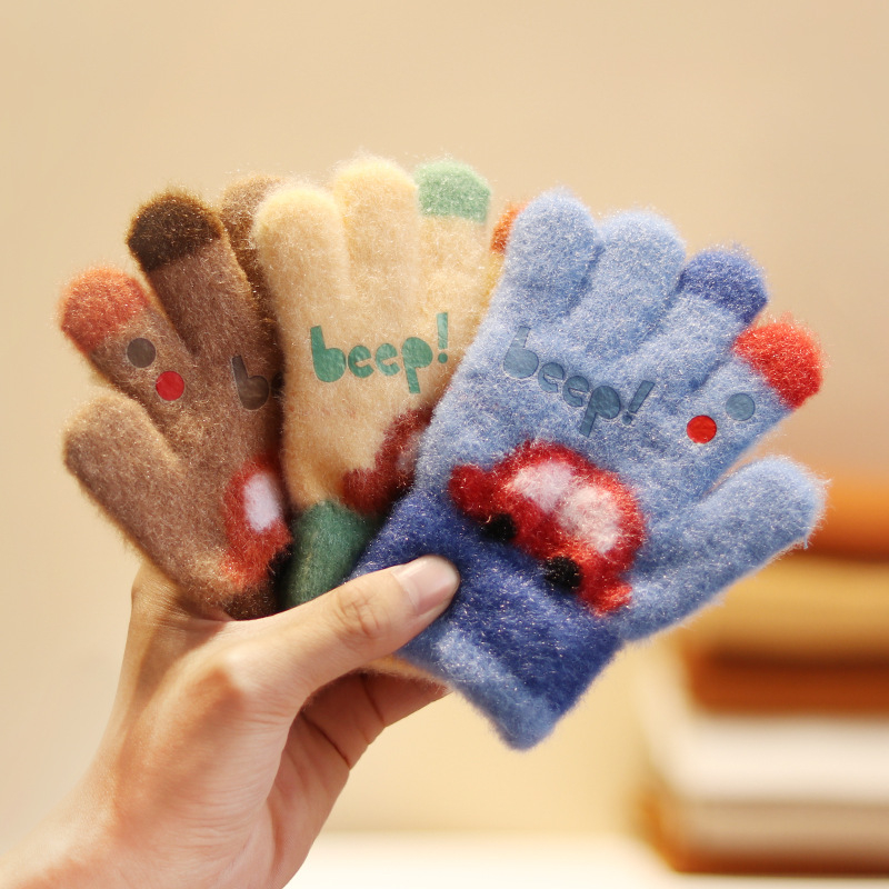 Vaikų penkių pirštų pirštinės iš nailono rudens-žiemos sezonui, šiltos, vėjo atsparios, karikatūrinis raštas, amžius 3–5 metai.