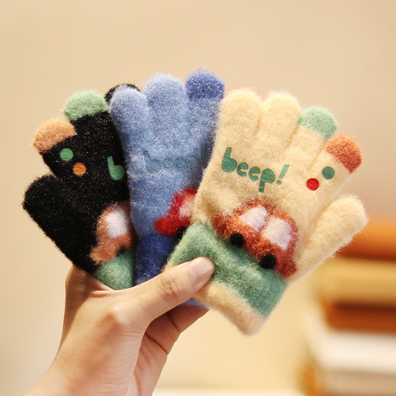 Vaikų penkių pirštų pirštinės iš nailono rudens-žiemos sezonui, šiltos, vėjo atsparios, karikatūrinis raštas, amžius 3–5 metai.