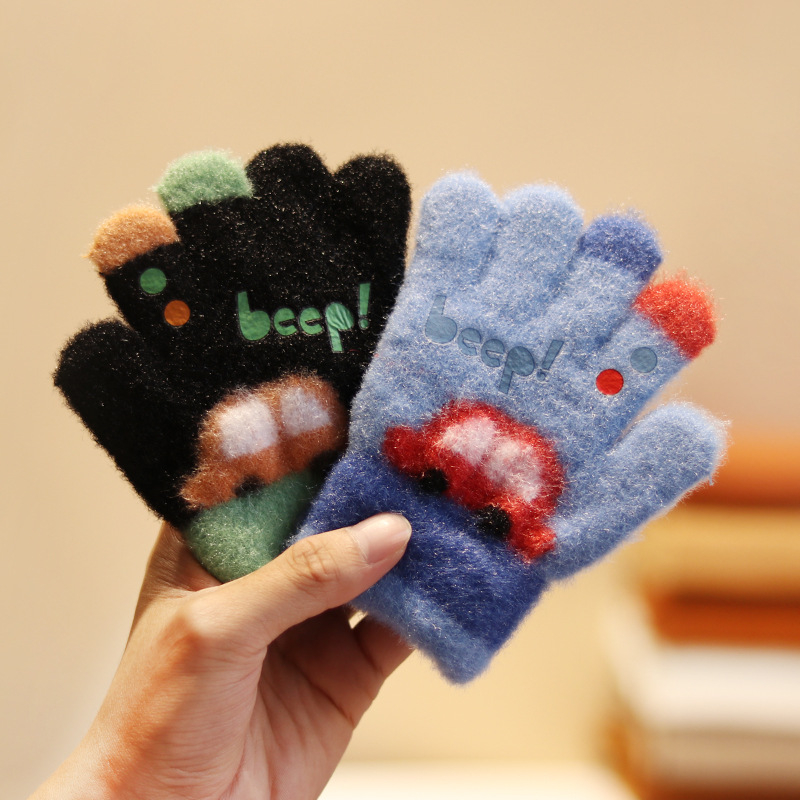 Vaikų penkių pirštų pirštinės iš nailono rudens-žiemos sezonui, šiltos, vėjo atsparios, karikatūrinis raštas, amžius 3–5 metai.