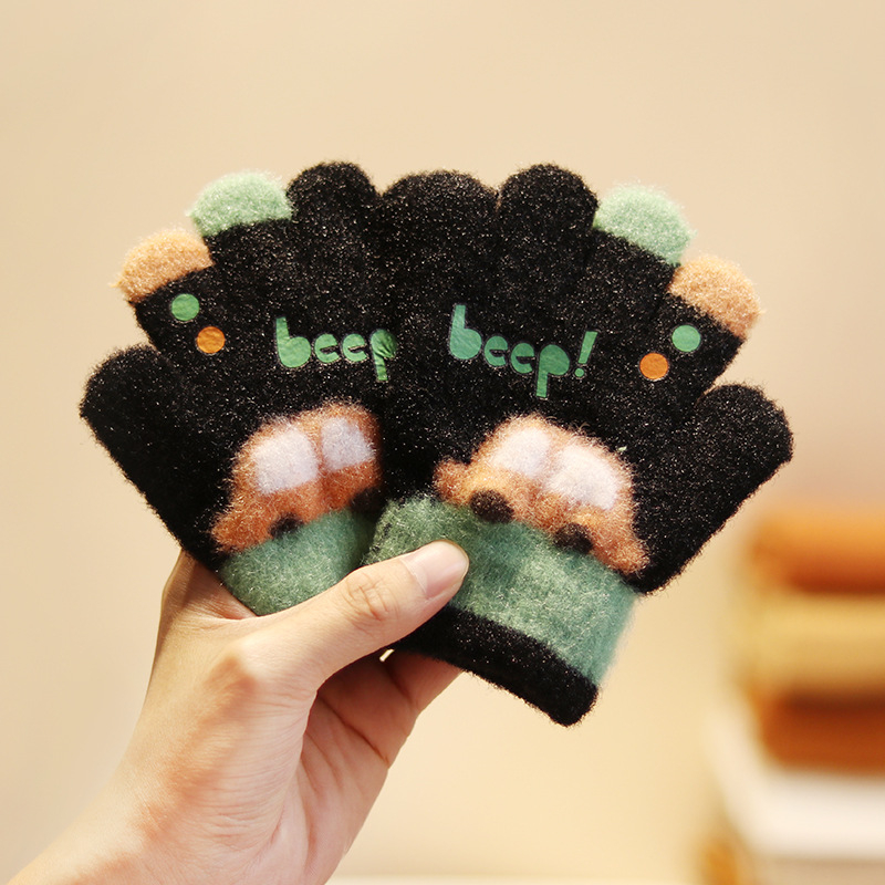 Vaikų penkių pirštų pirštinės iš nailono rudens-žiemos sezonui, šiltos, vėjo atsparios, karikatūrinis raštas, amžius 3–5 metai.