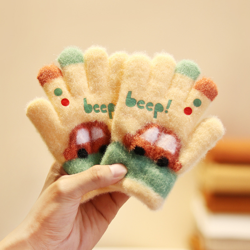 Vaikų penkių pirštų pirštinės iš nailono rudens-žiemos sezonui, šiltos, vėjo atsparios, karikatūrinis raštas, amžius 3–5 metai.