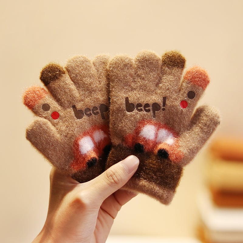 Vaikų penkių pirštų pirštinės iš nailono rudens-žiemos sezonui, šiltos, vėjo atsparios, karikatūrinis raštas, amžius 3–5 metai.