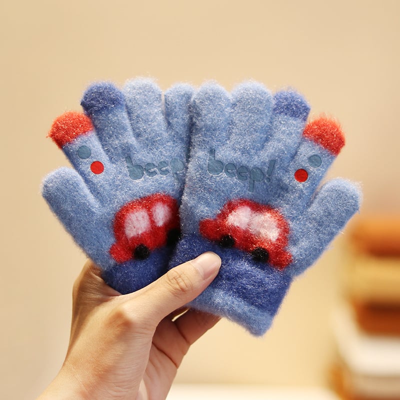 Vaikų penkių pirštų pirštinės iš nailono rudens-žiemos sezonui, šiltos, vėjo atsparios, karikatūrinis raštas, amžius 3–5 metai.