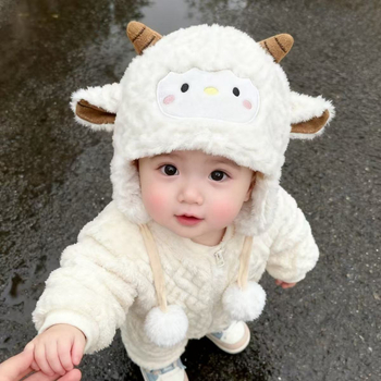 Dječja kapa s kapuljačom – plišani dizajn janje, zaštita za uši, gusta zimska toplina, uzrast 0–2 godine