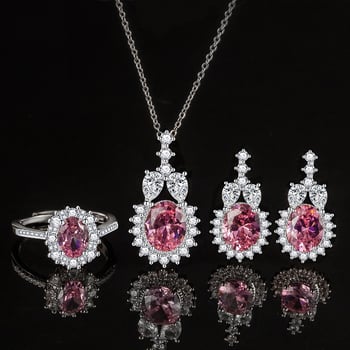 Oval European–American ékszerszett cirkóniával: fülbevaló, gyűrű és medál, réz alapanyag, elektroplakolás, O-lánc