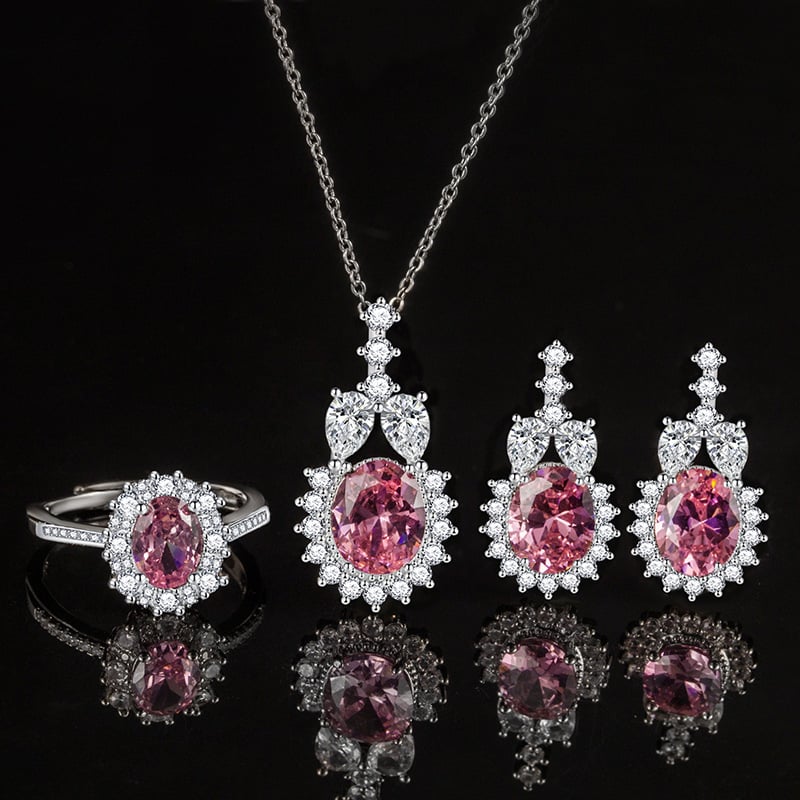 Oval European–American ékszerszett cirkóniával: fülbevaló, gyűrű és medál, réz alapanyag, elektroplakolás, O-lánc