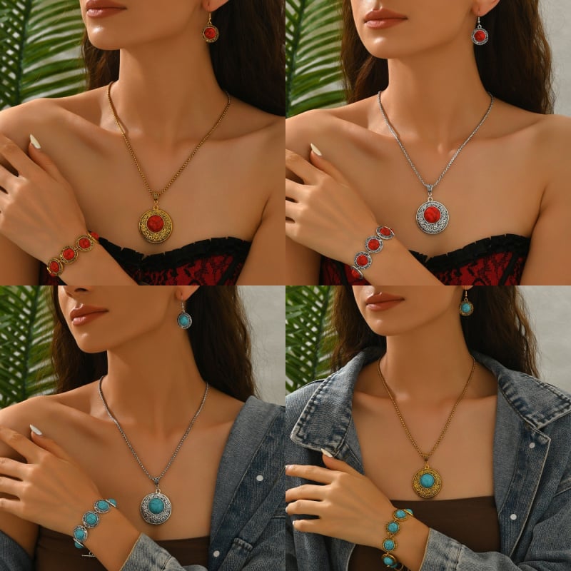 Ötvözetből készült ékszerszett bevésés technikával, keresztlánc nyaklánc, fülbevalók és karkötő, etnikai retro stílus
