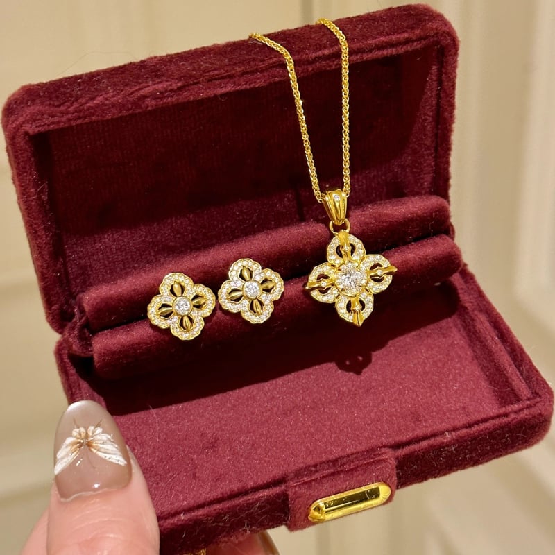 Vajra Négylevelű virág nyaklánc és fülbevaló szett, S925, gyémánttal beültetett, Chopard-stílusú lánc