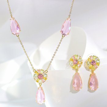 Set de bijuterii pentru femei: cercei și colier, cupru placat 18K aur, petale de zircon în formă de picătură de apă